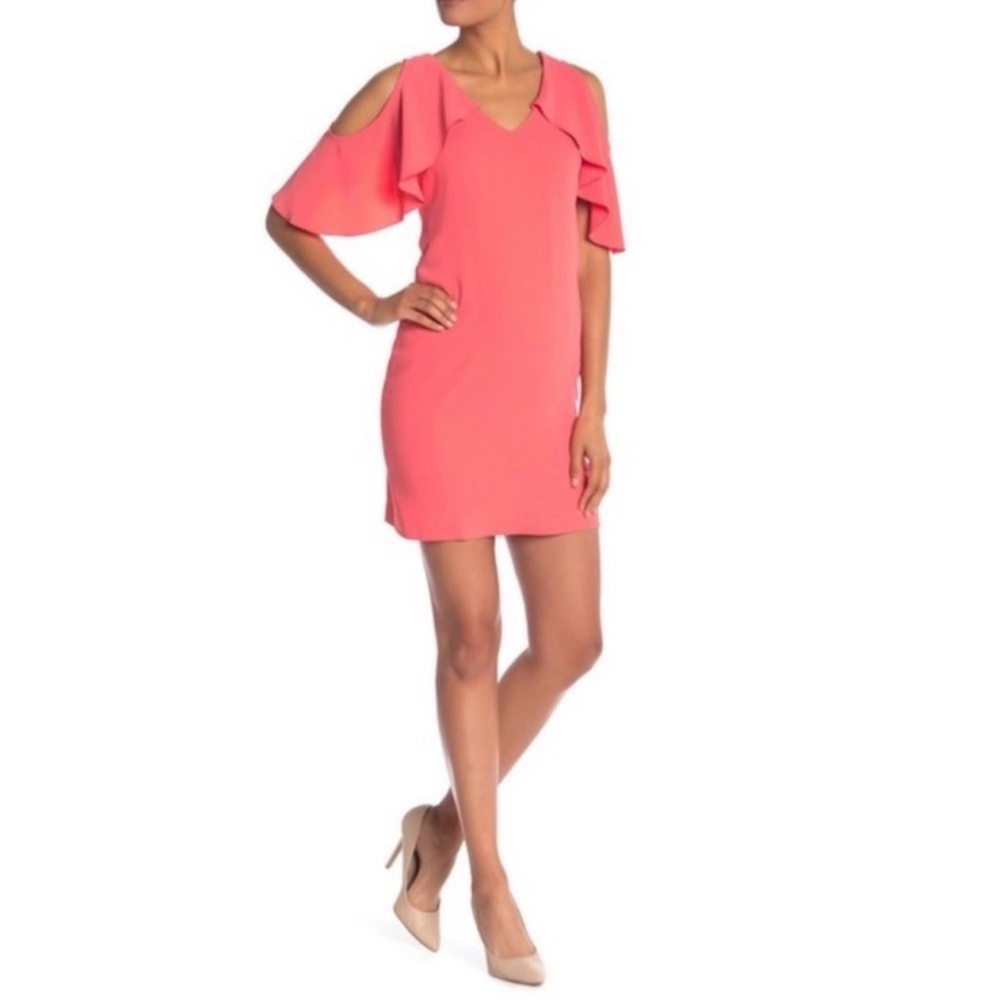 Trina Turk Kaidence Cold Shoulder Dress in a coral/salmon pink Medium